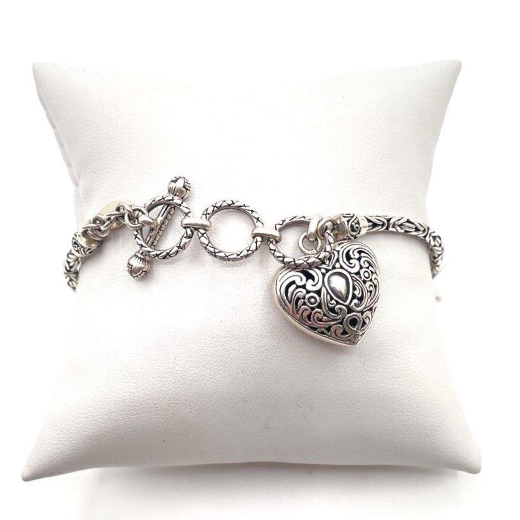 Samuel B 925 Silver Balinese Design Bracelet 8 WHeart Charm Lot189 275$
